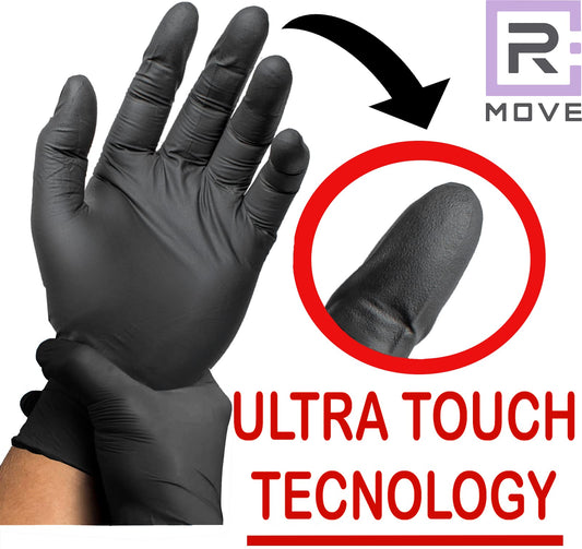 R MOVE 100 guanti in nitrile monouso neri M senza polvere, gloves ambidestri usa e getta per alimenti, non sterili, senza lattice, ipoallergenici - per ambiti medici, Estetisti, Tatuatori (M, Neri)