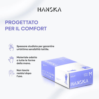 HANSKA 100 Guanti Monouso Nitrile Viola - Senza Polvere - Usa e Getta- Ambidestri - Non Sterili - Base di Gomma - Adatti per Ambiti Medici, Manipolazione degli Alimenti (100, M)