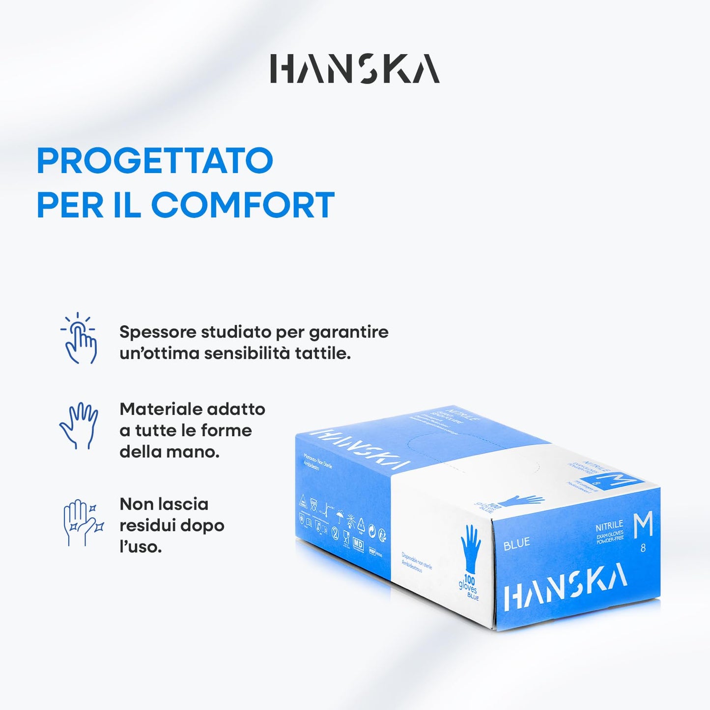 HANSKA 100 Guanti Monouso Nitrile Blu - Senza Polvere - Usa e Getta- Ambidestri - Non Sterili - Base di Gomma - Adatti per Ambiti Medici, Manipolazione degli Alimenti (100, M)