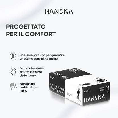 HANSKA 100 Guanti Monouso Nitrile Neri - Senza Polvere - Usa e Getta- Ambidestri - Non Sterili - Base di Gomma - Adatti per Ambiti Medici, Manipolazione degli Alimenti (100, M)