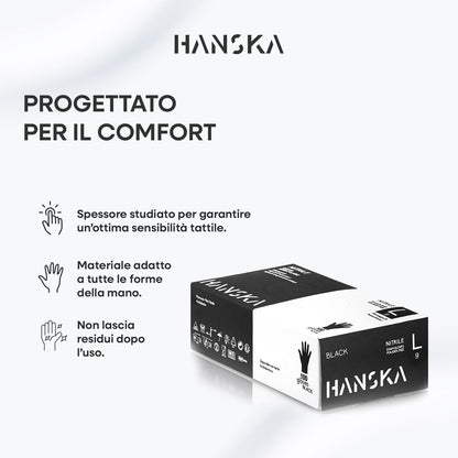 HANSKA 100 Guanti Monouso Nitrile Neri - Senza Polvere - Usa e Getta- Ambidestri - Non Sterili - Base di Gomma - Adatti per Ambiti Medici, Manipolazione degli Alimenti (100, L)