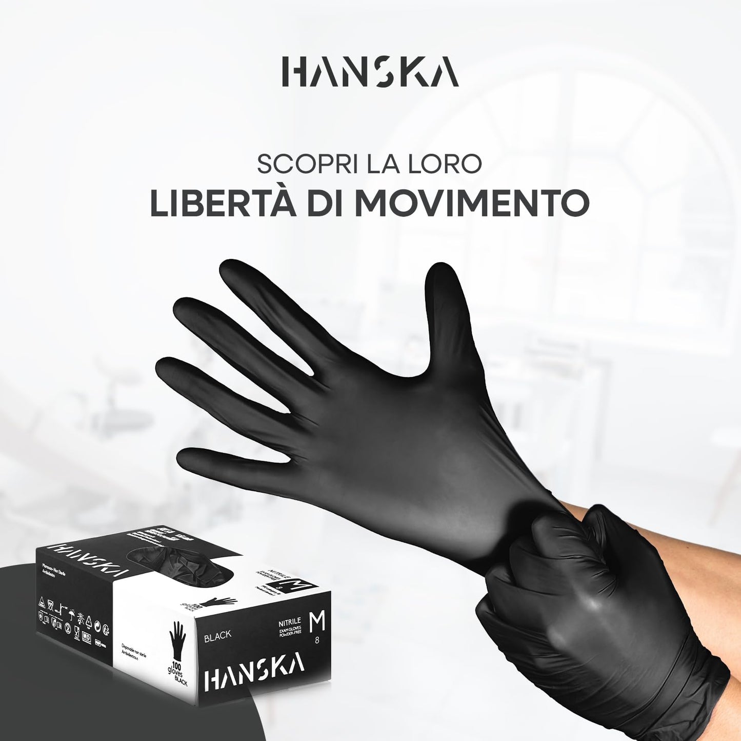 HANSKA 100 Guanti Monouso Nitrile Neri - Senza Polvere - Usa e Getta- Ambidestri - Non Sterili - Base di Gomma - Adatti per Ambiti Medici, Manipolazione degli Alimenti (100, M)