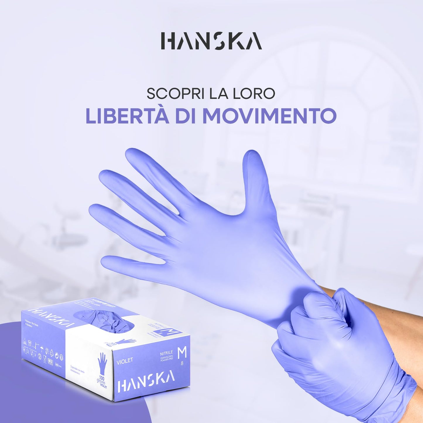 HANSKA 100 Guanti Monouso Nitrile Viola - Senza Polvere - Usa e Getta- Ambidestri - Non Sterili - Base di Gomma - Adatti per Ambiti Medici, Manipolazione degli Alimenti (100, M)