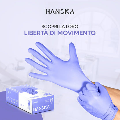 HANSKA 100 Guanti Monouso Nitrile Viola - Senza Polvere - Usa e Getta- Ambidestri - Non Sterili - Base di Gomma - Adatti per Ambiti Medici, Manipolazione degli Alimenti (100, M)