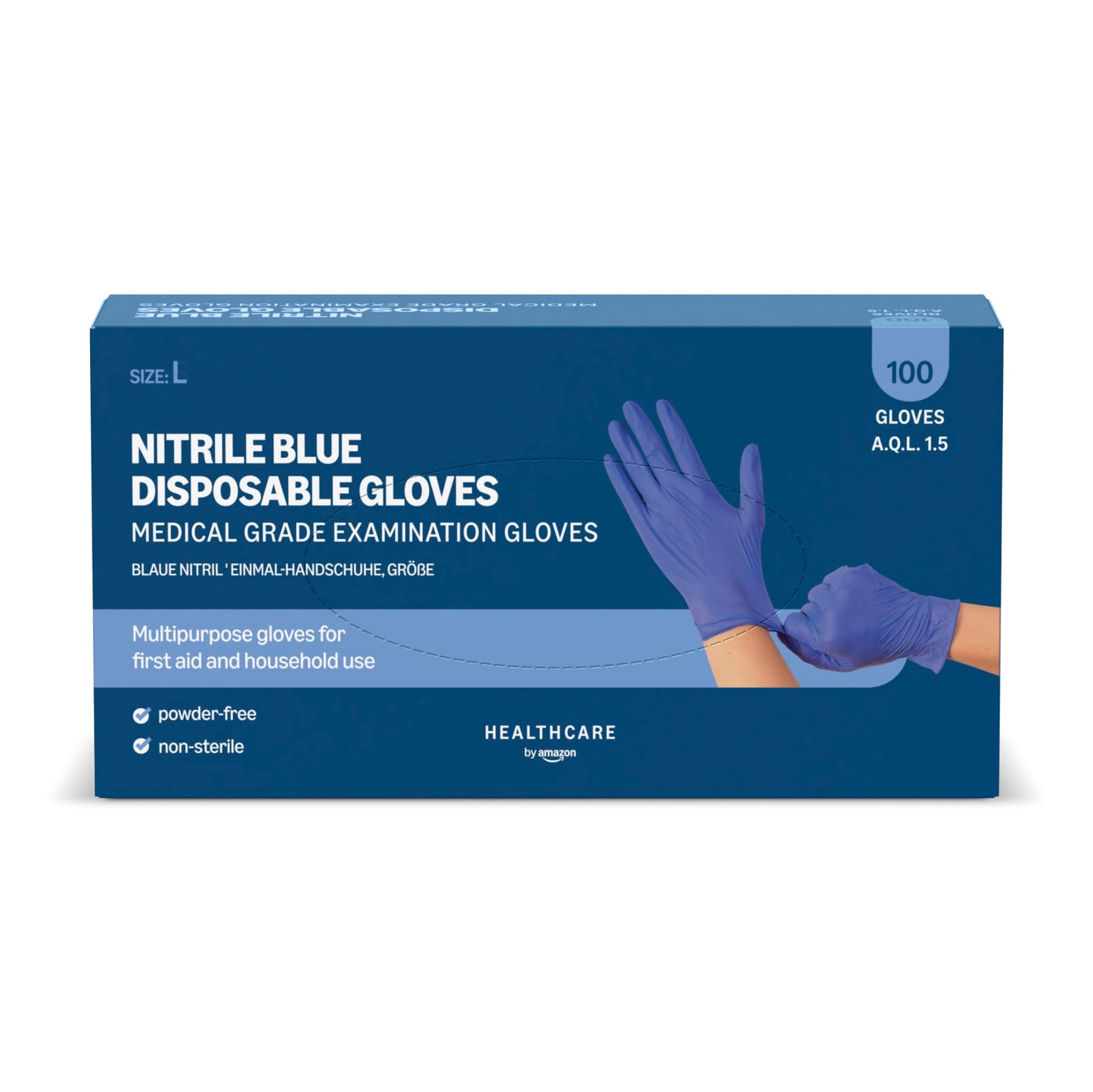 by Amazon, Guanti Monouso in Nitrile Blu, Senza Polvere, Senza Lattice, Taglia L, Confezione da 100
