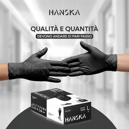 HANSKA 100 Guanti Monouso Nitrile Neri - Senza Polvere - Usa e Getta- Ambidestri - Non Sterili - Base di Gomma - Adatti per Ambiti Medici, Manipolazione degli Alimenti (100, L)
