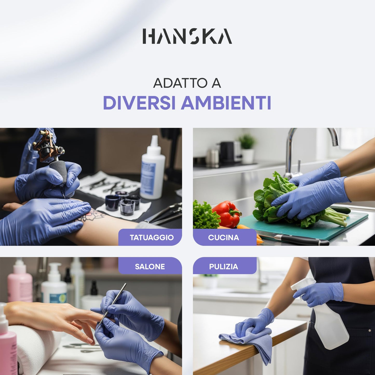 HANSKA 100 Guanti Monouso Nitrile Viola - Senza Polvere - Usa e Getta- Ambidestri - Non Sterili - Base di Gomma - Adatti per Ambiti Medici, Manipolazione degli Alimenti (100, M)