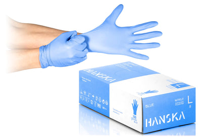 HANSKA 100 Guanti Monouso Nitrile Blu - Senza Polvere - Usa e Getta- Ambidestri - Non Sterili - Base di Gomma - Adatti per Ambiti Medici, Manipolazione degli Alimenti (100, L)