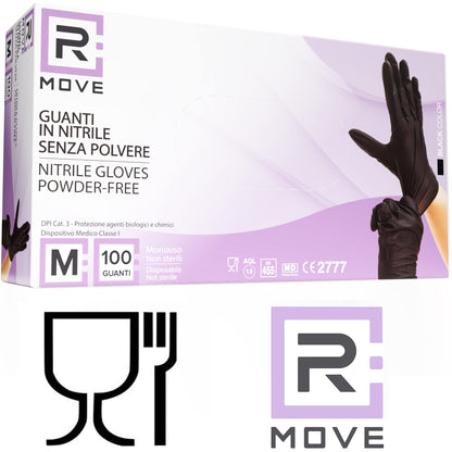 R MOVE 100 guanti in nitrile monouso neri M senza polvere, gloves ambidestri usa e getta per alimenti, non sterili, senza lattice, ipoallergenici - per ambiti medici, Estetisti, Tatuatori (M, Neri)
