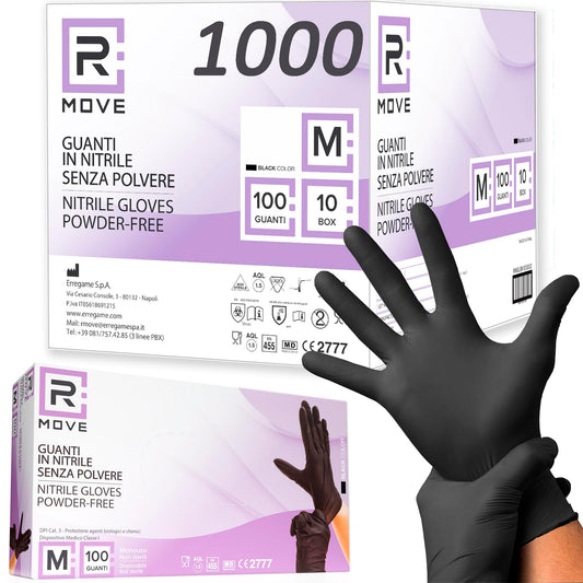 R MOVE 1000 guanti in nitrile monouso neri M senza polvere, gloves ambidestri usa e getta per alimenti, non sterili, senza lattice, ipoallergenici - per ambiti medici, Estetisti, Tatuatori