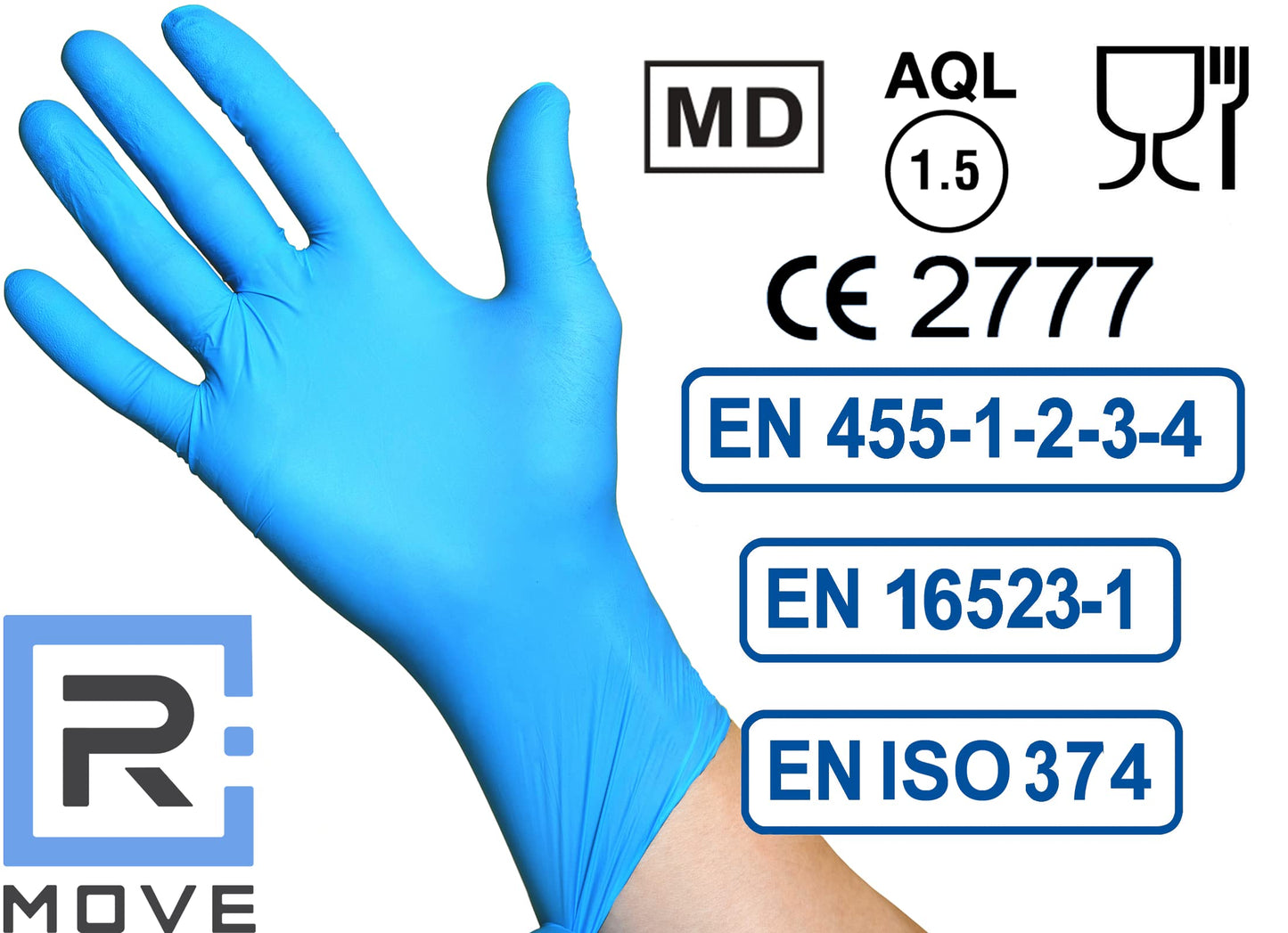 R MOVE 100 guanti in nitrile monouso blu L senza polvere, gloves ambidestri usa e getta per alimenti, non sterili, senza lattice, ipoallergenici - per ambiti medici, Estetisti, Tatuatori