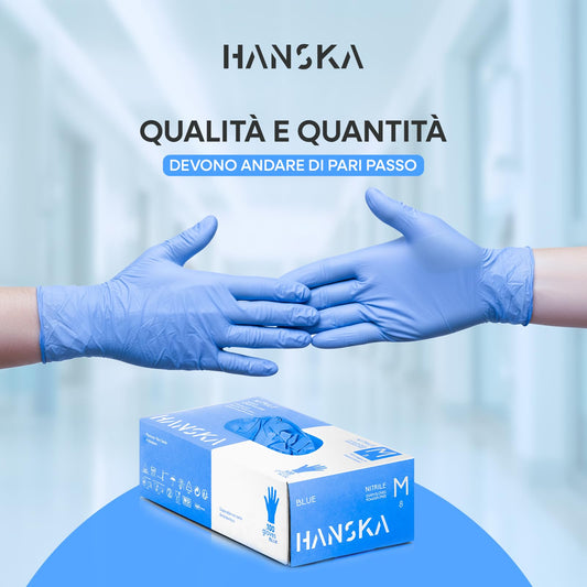 HANSKA 100 Guanti Monouso Nitrile Blu - Senza Polvere - Usa e Getta- Ambidestri - Non Sterili - Base di Gomma - Adatti per Ambiti Medici, Manipolazione degli Alimenti (100, M)
