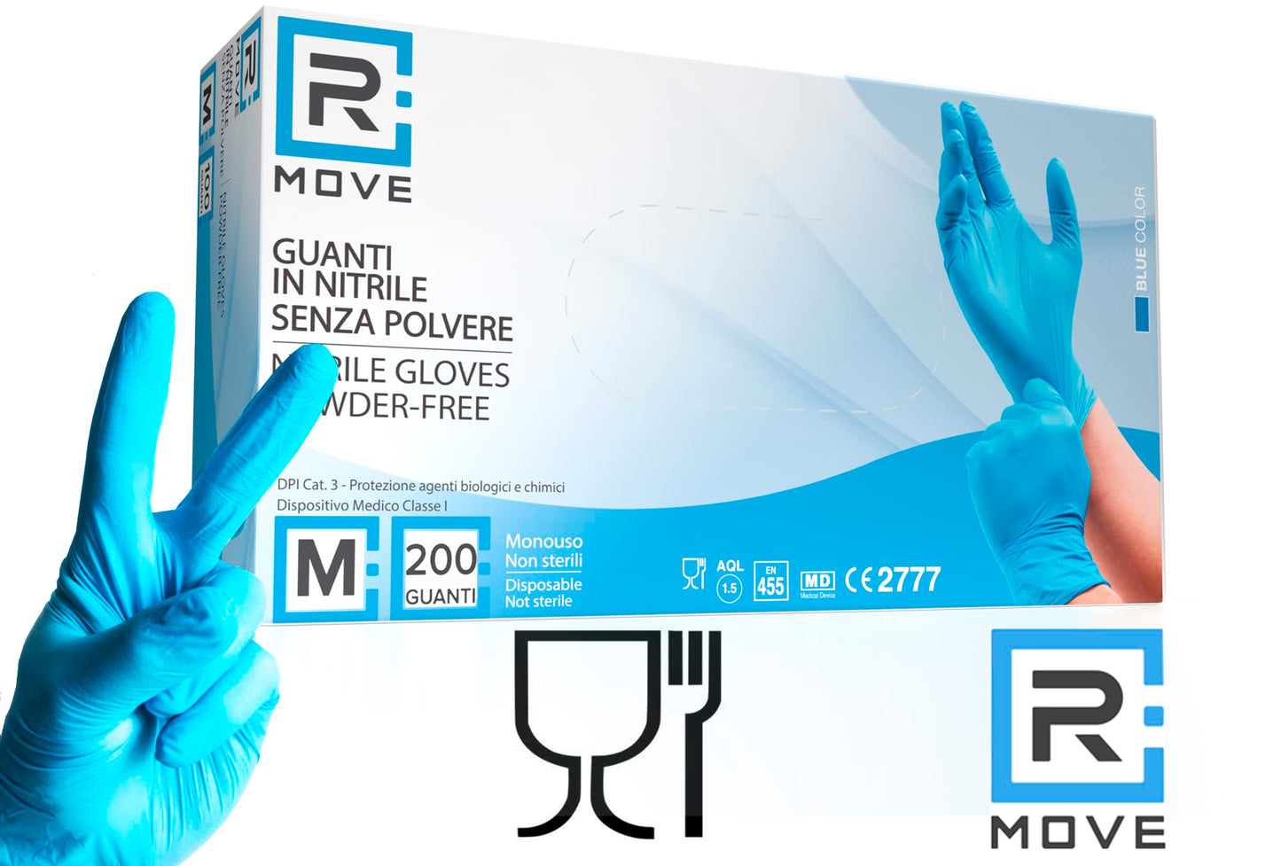 R MOVE 200 guanti monouso in nitrile senza polvere, gloves ambidestri usa e getta per alimenti, non sterili, senza lattice, ipoallergenici - per ambiti medici, Estetisti, Tatuatori (Blu, M)