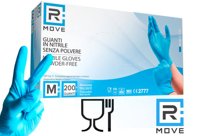 R MOVE 200 guanti monouso in nitrile senza polvere, gloves ambidestri usa e getta per alimenti, non sterili, senza lattice, ipoallergenici - per ambiti medici, Estetisti, Tatuatori (Blu, M)