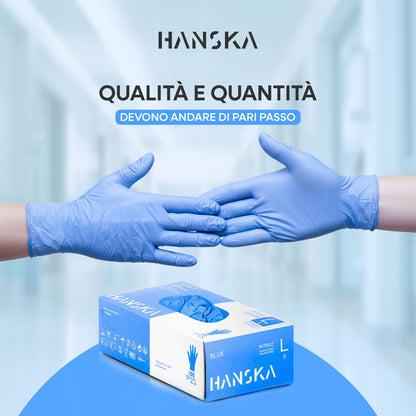 HANSKA 100 Guanti Monouso Nitrile Blu - Senza Polvere - Usa e Getta- Ambidestri - Non Sterili - Base di Gomma - Adatti per Ambiti Medici, Manipolazione degli Alimenti (100, L)