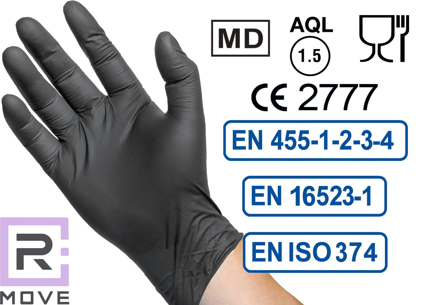 R MOVE 1000 guanti in nitrile monouso neri M senza polvere, gloves ambidestri usa e getta per alimenti, non sterili, senza lattice, ipoallergenici - per ambiti medici, Estetisti, Tatuatori