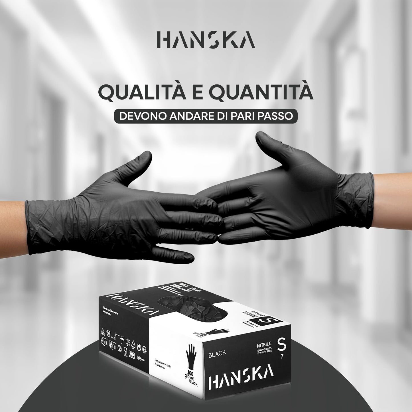 HANSKA 100 Guanti Monouso Nitrile Neri - Senza Polvere - Usa e Getta- Ambidestri - Non Sterili - Base di Gomma - Adatti per Ambiti Medici, Manipolazione degli Alimenti (100, S)