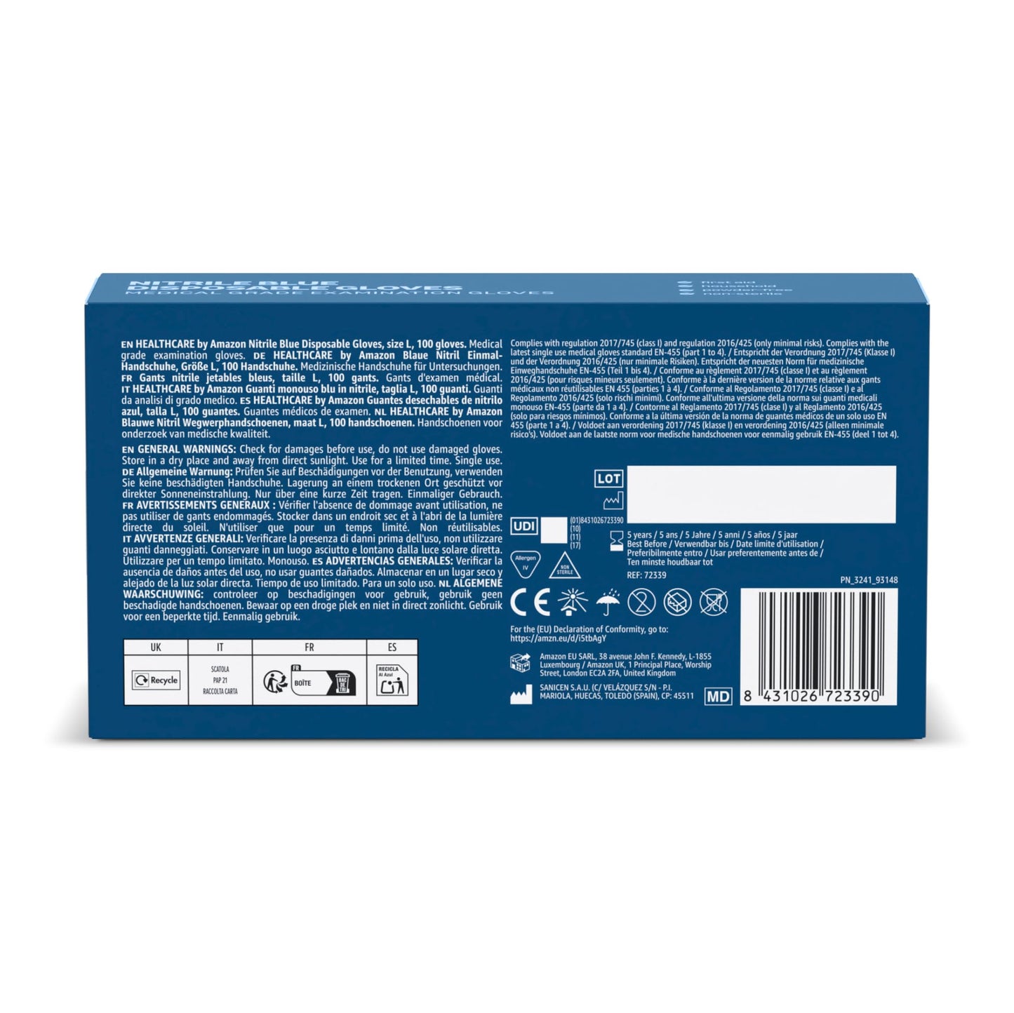 by Amazon, Guanti Monouso in Nitrile Blu, Senza Polvere, Senza Lattice, Taglia L, Confezione da 100