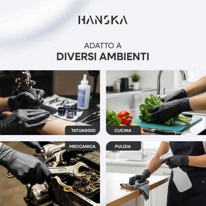 HANSKA 100 Guanti Monouso Nitrile Neri - Senza Polvere - Usa e Getta- Ambidestri - Non Sterili - Base di Gomma - Adatti per Ambiti Medici, Manipolazione degli Alimenti (100, L)