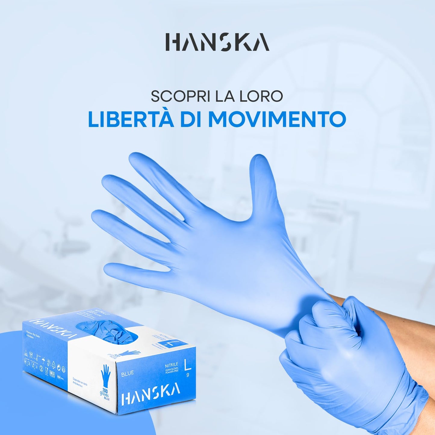 HANSKA 100 Guanti Monouso Nitrile Blu - Senza Polvere - Usa e Getta- Ambidestri - Non Sterili - Base di Gomma - Adatti per Ambiti Medici, Manipolazione degli Alimenti (100, L)