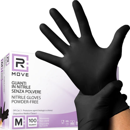 R MOVE 100 guanti in nitrile monouso neri M senza polvere, gloves ambidestri usa e getta per alimenti, non sterili, senza lattice, ipoallergenici - per ambiti medici, Estetisti, Tatuatori (M, Neri)