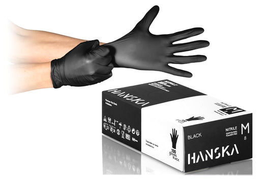 HANSKA 100 Guanti Monouso Nitrile Neri - Senza Polvere - Usa e Getta- Ambidestri - Non Sterili - Base di Gomma - Adatti per Ambiti Medici, Manipolazione degli Alimenti (100, M)