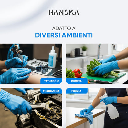 HANSKA 100 Guanti Monouso Nitrile Blu - Senza Polvere - Usa e Getta- Ambidestri - Non Sterili - Base di Gomma - Adatti per Ambiti Medici, Manipolazione degli Alimenti (100, L)