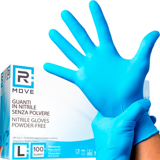 R MOVE 100 guanti in nitrile monouso blu L senza polvere, gloves ambidestri usa e getta per alimenti, non sterili, senza lattice, ipoallergenici - per ambiti medici, Estetisti, Tatuatori
